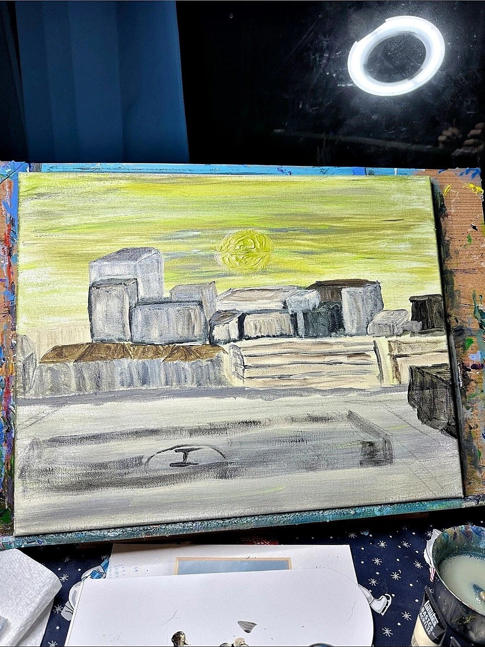 Original Cityscape Painting Green & Gray